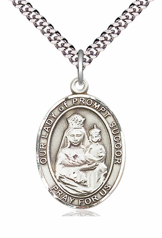 Men's Pewter Oval Our Lady of Prompt Succor Medal - 24&quot; 2.4mm Rhodium Plate Chain + Clasp