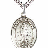 Men's Pewter Oval Our Lady of Tears Medal - 24&quot; 2.4mm Rhodium Plate Chain + Clasp