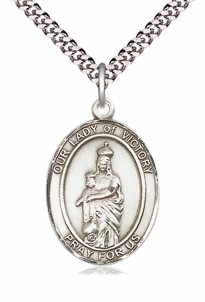 Men's Pewter Oval Our Lady of Victory Medal - 24&quot; 2.4mm Rhodium Plate Chain + Clasp