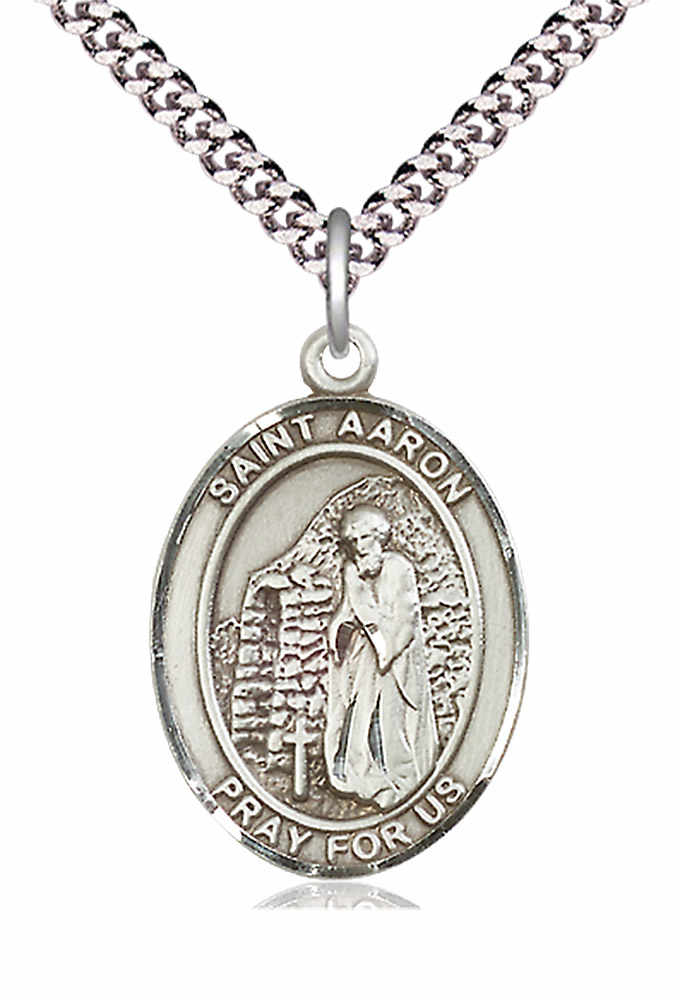 Men's Pewter Oval St. Aaron Medal - 24&quot; 2.4mm Rhodium Plate Chain + Clasp