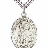 Men's Pewter Oval St. Adrian of Nicomedia Medal - 24&quot; 2.4mm Rhodium Plate Chain + Clasp