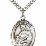 Men's Pewter Oval St. Agnes of Rome Medal - 24&quot; 2.4mm Rhodium Plate Chain + Clasp