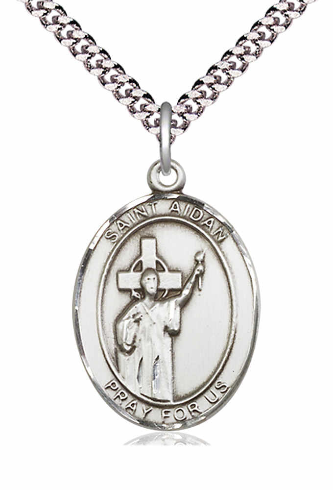 Men's Pewter Oval St. Aidan of Lindesfarne Medal - 24&quot; 2.4mm Rhodium Plate Chain + Clasp