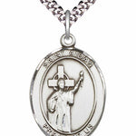 Men's Pewter Oval St. Aidan of Lindesfarne Medal - 24&quot; 2.4mm Rhodium Plate Chain + Clasp