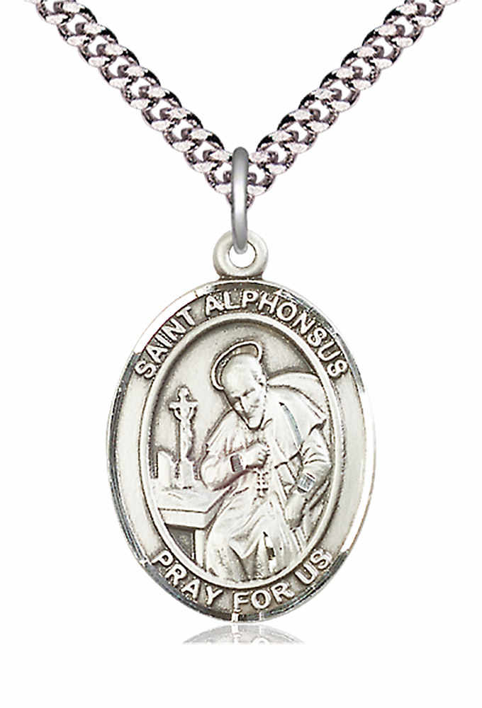 Men's Pewter Oval St. Alphonsus Medal - 24&quot; 2.4mm Rhodium Plate Chain + Clasp
