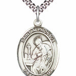 Men's Pewter Oval St. Alphonsus Medal - 24&quot; 2.4mm Rhodium Plate Chain + Clasp