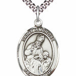 Men's Pewter Oval St. Ambrose Medal - 24&quot; 2.4mm Rhodium Plate Chain + Clasp