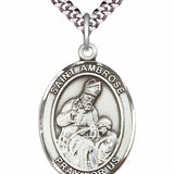 Men's Pewter Oval St. Ambrose Medal - 24&quot; 2.4mm Rhodium Plate Chain + Clasp