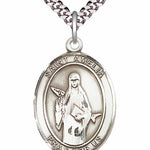 Men's Pewter Oval St. Amelia Medal - 24&quot; 2.4mm Rhodium Plate Chain + Clasp