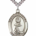 Men's Pewter Oval St. Anastasia Medal - 24&quot; 2.4mm Rhodium Plate Chain + Clasp
