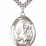 Men's Pewter Oval St. Andrew the Apostle Medal - 24&quot; 2.4mm Rhodium Plate Chain + Clasp