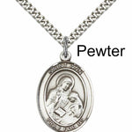 Men's Pewter Oval St. Ann Medal - 24&quot; 2.4mm Rhodium Plate Chain + Clasp