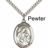 Men's Pewter Oval St. Ann Medal - 24&quot; 2.4mm Rhodium Plate Chain + Clasp