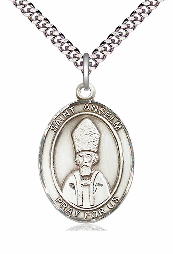 Men's Pewter Oval St. Anselm of Canterbury Medal - 24&quot; 2.4mm Rhodium Plate Chain + Clasp