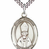 Men's Pewter Oval St. Anselm of Canterbury Medal - 24&quot; 2.4mm Rhodium Plate Chain + Clasp