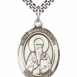 Men's Pewter Oval St. Athanasius Medal - 24&quot; 2.4mm Rhodium Plate Chain + Clasp