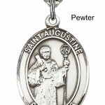 Men's Pewter Oval St. Augustine Medal - 24&quot; 2.4mm Rhodium Plate Chain + Clasp