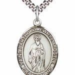 Men's Pewter Oval St. Bartholomew the Apostle Medal - 24&quot; 2.4mm Rhodium Plate Chain + Clasp
