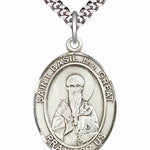 Men's Pewter Oval St. Basil the Great Medal - 24&quot; 2.4mm Rhodium Plate Chain + Clasp
