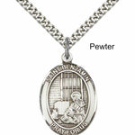 Men's Pewter Oval St. Benjamin Medal - 24&quot; 2.4mm Rhodium Plate Chain + Clasp