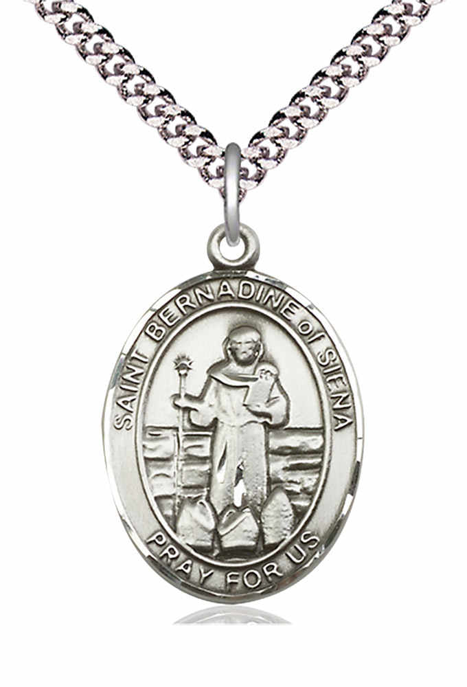 Men's Pewter Oval St. Bernadine of Sienna Medal - 24&quot; 2.4mm Rhodium Plate Chain + Clasp