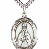 Men's Pewter Oval St. Blaise Medal - 24&quot; 2.4mm Rhodium Plate Chain + Clasp