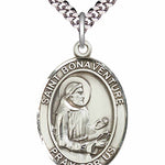 Men's Pewter Oval St. Bonaventure Medal - 24&quot; 2.4mm Rhodium Plate Chain + Clasp