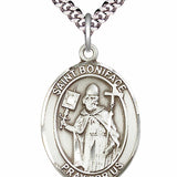 Men's Pewter Oval St. Boniface Medal - 24&quot; 2.4mm Rhodium Plate Chain + Clasp