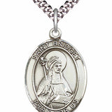 Men's Pewter Oval St. Bridget of Sweden Medal - 24&quot; 2.4mm Rhodium Plate Chain + Clasp