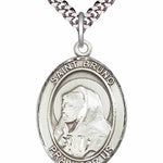 Men's Pewter Oval St. Bruno Medal - 24&quot; 2.4mm Rhodium Plate Chain + Clasp