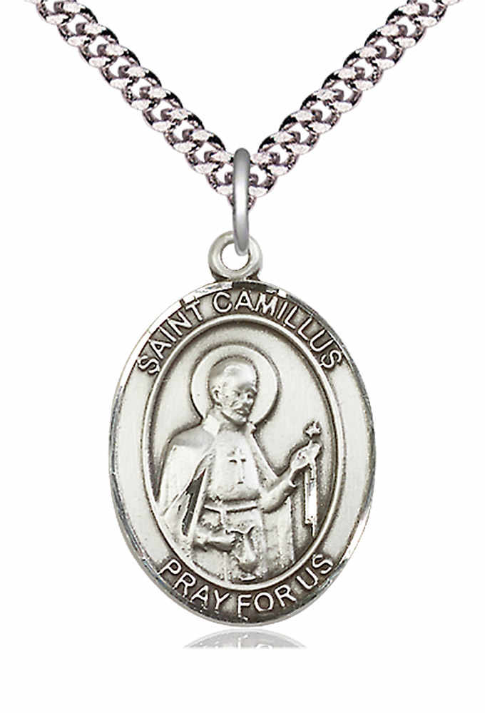 Men's Pewter Oval St. Camillus of Lellis Medal - 24&quot; 2.4mm Rhodium Plate Chain + Clasp