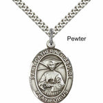 Men's Pewter Oval St. Catherine Laboure Medal - 24&quot; 2.4mm Rhodium Plate Chain + Clasp