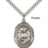 Men's Pewter Oval St. Catherine Laboure Medal - 24&quot; 2.4mm Rhodium Plate Chain + Clasp