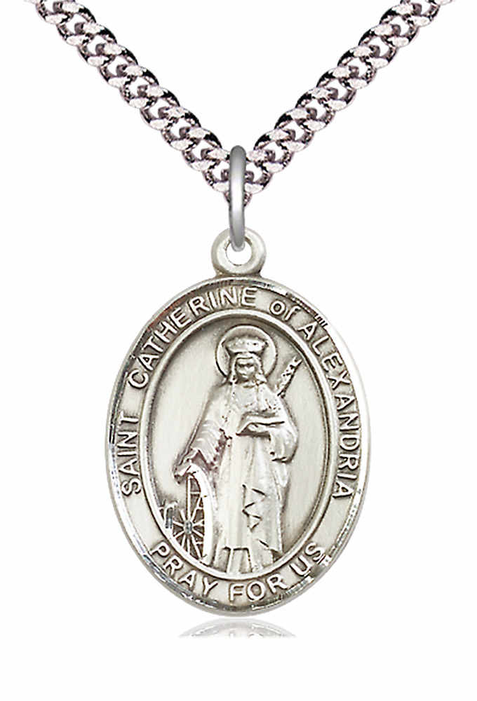 Men's Pewter Oval St. Catherine of Alexandria Medal - 24&quot; 2.4mm Rhodium Plate Chain + Clasp