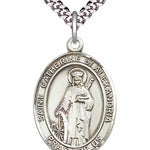 Men's Pewter Oval St. Catherine of Alexandria Medal - 24&quot; 2.4mm Rhodium Plate Chain + Clasp