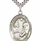 Men's Pewter Oval St. Catherine of Bologna Medal - 24&quot; 2.4mm Rhodium Plate Chain + Clasp