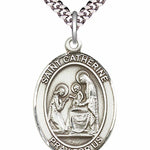 Men's Pewter Oval St. Catherine of Siena Medal - 24&quot; 2.4mm Rhodium Plate Chain + Clasp