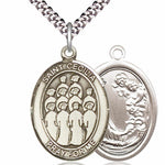 Men's Pewter Oval St. Cecilia Choir Medal - 24&quot; 2.4mm Rhodium Plate Chain + Clasp