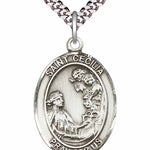 Men's Pewter Oval St. Cecilia Medal - 24&quot; 2.4mm Rhodium Plate Chain + Clasp
