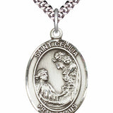 Men's Pewter Oval St. Cecilia Medal - 24&quot; 2.4mm Rhodium Plate Chain + Clasp