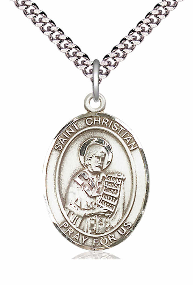 Men's Pewter Oval St. Christian Demosthenes Medal - 24&quot; 2.4mm Rhodium Plate Chain + Clasp