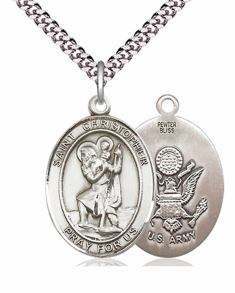Men's Pewter Oval St. Christopher Army Medal - 24&quot; 2.4mm Rhodium Plate Chain + Clasp