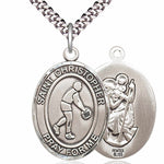 Men's Pewter Oval St. Christopher Basketball Medal - 24&quot; 2.4mm Rhodium Plate Chain + Clasp