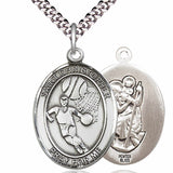 Men's Pewter Oval St. Christopher Basketball Medal - 24&quot; 2.4mm Rhodium Plate Chain + Clasp