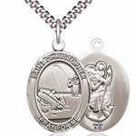 Men's Pewter Oval St. Christopher Fishing Medal - 24&quot; 2.4mm Rhodium Plate Chain + Clasp