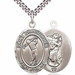 Men's Pewter Oval St. Christopher Golf Medal - 24&quot; 2.4mm Rhodium Plate Chain + Clasp