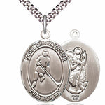Men's Pewter Oval St. Christopher Ice Hockey Medal - 24&quot; 2.4mm Rhodium Plate Chain + Clasp