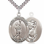 Men's Pewter Oval St. Christopher Lacrosse Medal - 24&quot; 2.4mm Rhodium Plate Chain + Clasp