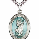 Men's Pewter Oval St. Christopher Medal with Blue Enamel - 24&quot; 2.4mm Rhodium Plate Chain + Clasp