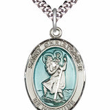 Men's Pewter Oval St. Christopher Medal with Blue Enamel - 24&quot; 2.4mm Rhodium Plate Chain + Clasp